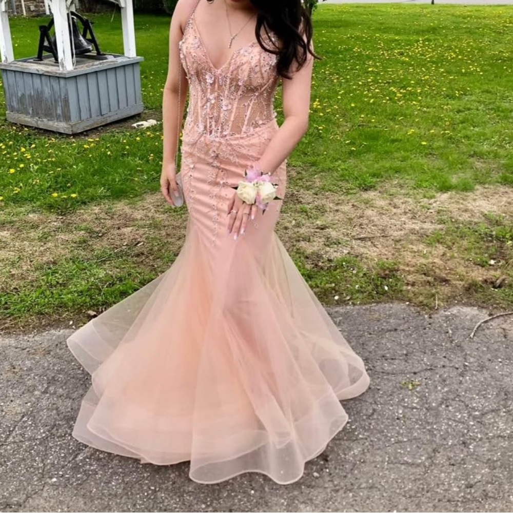 Jovani Blush Pink Mermaid Corset Fitted Prom Dress With Flowers Size 4 (Small)